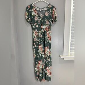 Xhilaration Green Floral Button Up Jumpsuit Size S Summer Flowy Wide Leg
